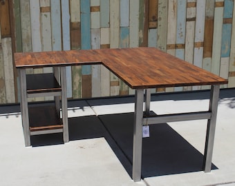 L-Shaped Desk with Shelves / Solid Wood Butcher Top / Rustic / Steel legs & storage / industrial / rustic office furniture / Custom / unique