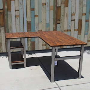 L-Shaped Solid Wood Butcher Block Desk with Steel Legs & Shelves
