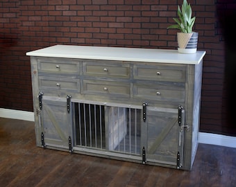 Rustic Dog Crate Kennel – Pine Wood with Barn Doors & 6 Drawers
