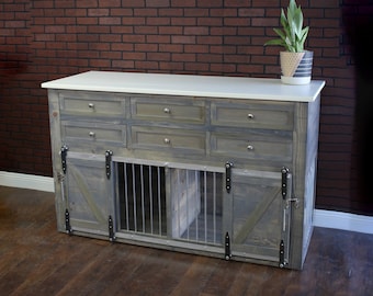 Dog Crate Kennel Barn Doors with 6 drawers - Dresser / Credenza / crate storage / Dog House / rustic / farmhouse pet / Media Center