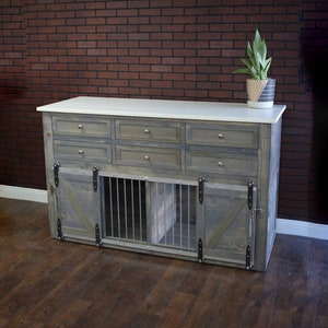 Dog Crate Kennel Barn Doors with 6 drawers - Dresser / Credenza / crate storage / Dog House / rustic / farmhouse pet / Media Center