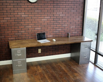 4 Drawer Desk, Modern Rustic Industrial Desk, Metal File Cabinet Desk, Executive Desk, Recycled Desk, Wood and Steel Office Desk, Home Desk