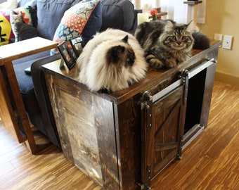Solid Wood Cat Litter Box Enclosure, Sliding Barn Door, Handmade