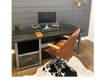 Solid Wood & Steel Desk with Cabinet, Rustic Home Office