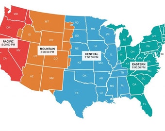 May include: A map of the United States divided into four time zones: Pacific, Mountain, Central, and Eastern. Each time zone is labelled with its corresponding time, for example, Pacific 5:00:00 PM.