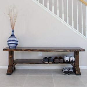 Farmhouse Shoe Bench in solid wood with 2 places for shoes and handmade in USA, entry mud room bench image 9