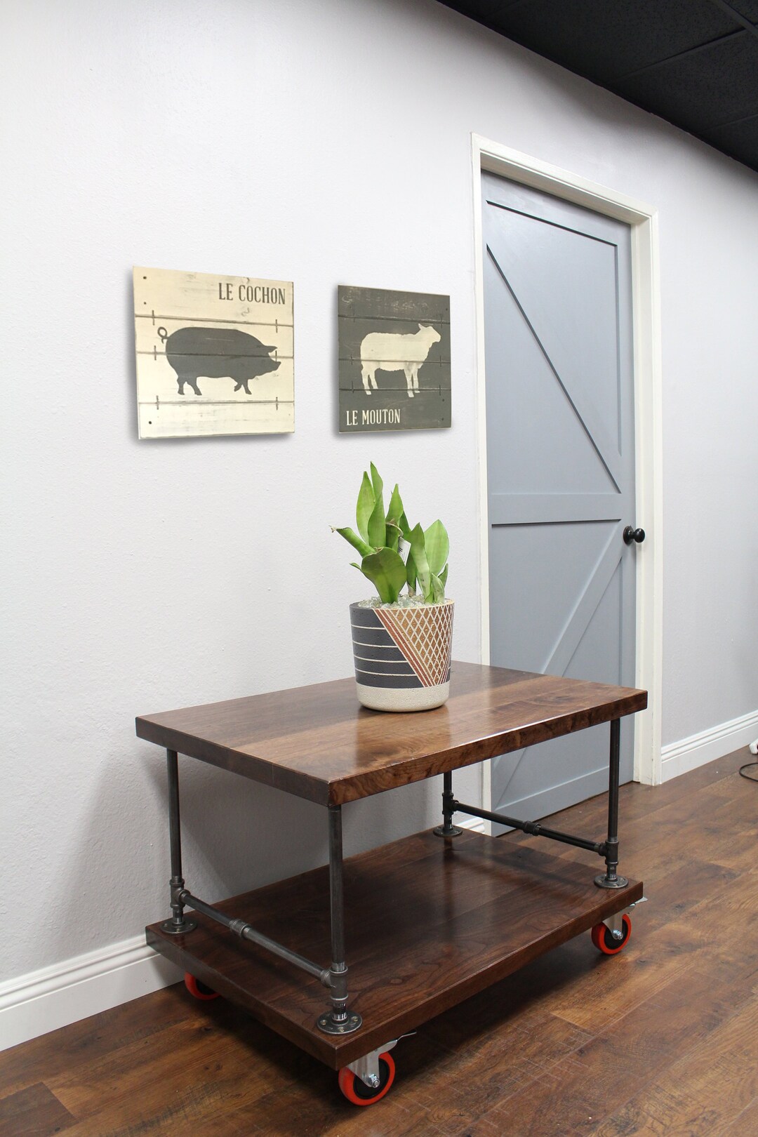 Coffee Table on Castors Industrial Pipe & Wood Table / Rolling / Coffee