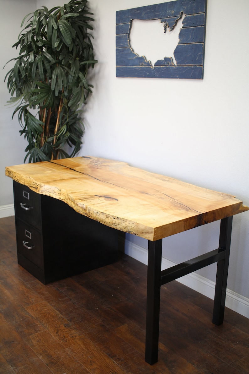 Live Edge Slab Desk / 2 drawer steel Cabinet Solid Wood Top and steel legs / modern / urban furniture / office / home desk / Solid Slab image 5