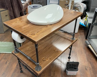 Solid Wood Industrial Pipe Bathroom Vanity, 2 Shelf Rustic Restroom