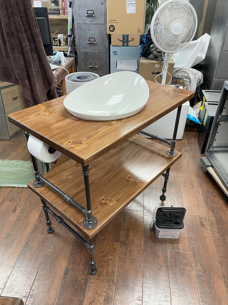 Bathroom Vanity with Pipe, Industrial Restroom Vanity, Pipe Vanity, Rustic Bathroom, 2 shelf Vanity, Solid Wood Vanity Pipe, Pipe Bathroom image 1