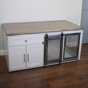 Farmhouse Dog Crates with Storage Cabinet and Drawer for food leashes and treats, Crate with Sliding barn door custom and handmade in USA