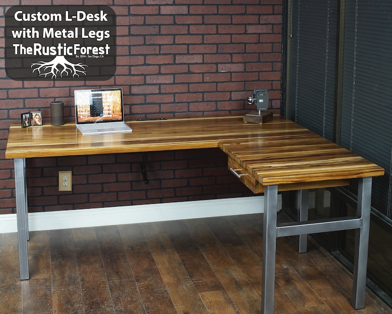 L-Desk, L shaped Desk, Solid Wood Top Rustic Modern Desk, Corner Desk, Industrial Desk, Executive Desk, Home Office, Wood and Steel Desk image 3