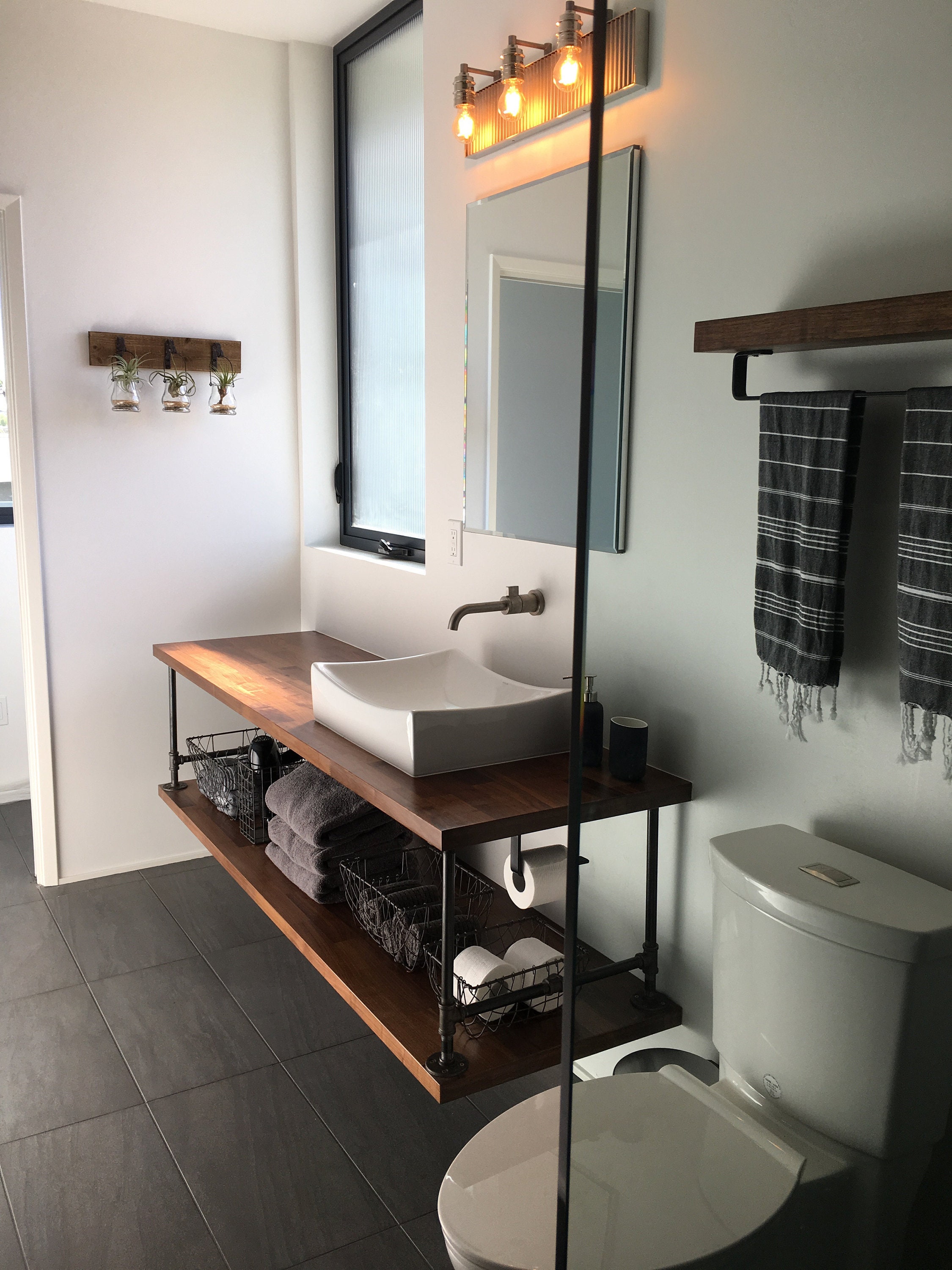Floating Bathroom Vanity With Pipe Industrial Restroom Etsy Floating Bathroom Vanity With Pipe Industrial Restroom Etsy