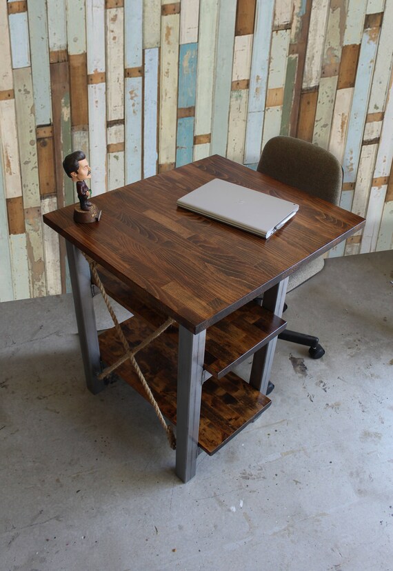 Rustic Industrial Small Desk 2 Shelves Solid Wood Butcher Desk 2 Shelves Solid Wood Butcher