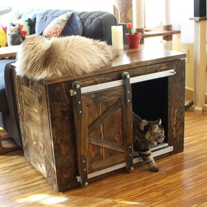 Cat Litter Box enclosure with Sliding barn doors in modern farmhouse style solid wood and handmade in USA image 2