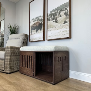 Modern Dog Crate With Sliding Door in Solid Wood, Crate Bench, Cushion ...