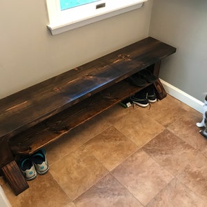 Farmhouse Shoe Bench in solid wood with 2 places for shoes and handmade in USA, entry mud room bench image 6