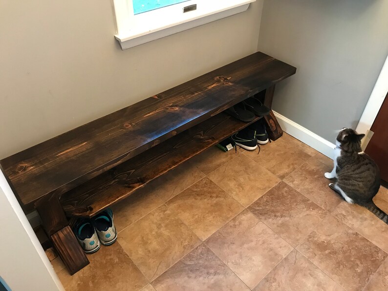 Farmhouse Shoe Bench in solid wood with 2 places for shoes and handmade in USA, entry mud room bench image 6