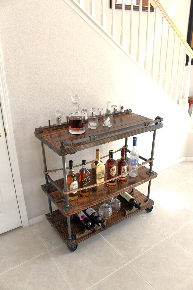 Bar Cart with Pipe & Wood, Liquor Cart, Whiskey bar, Wine Trolley, Industrial Serving Cart, Home Bar on Wheels, Rolling Bar, Liquor Cabinet image 1