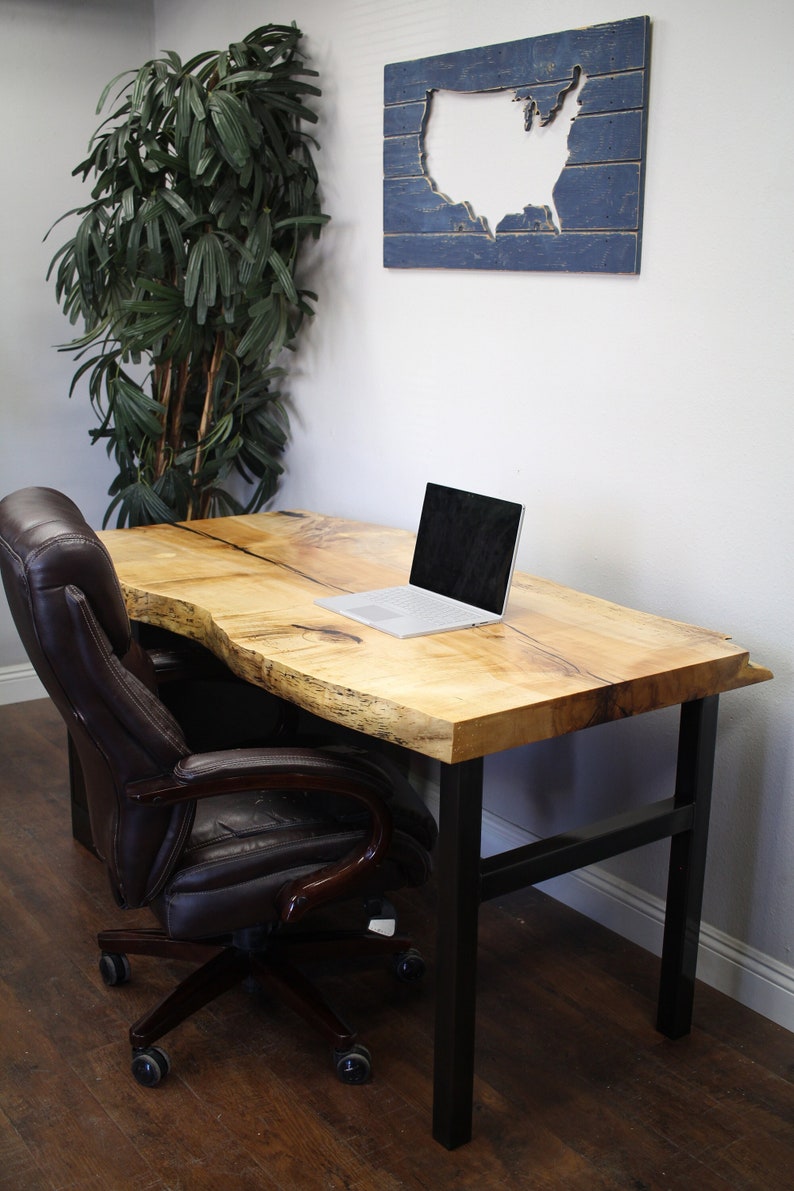 Live Edge Slab Desk / 2 drawer steel Cabinet Solid Wood Top and steel legs / modern / urban furniture / office / home desk / Solid Slab image 1