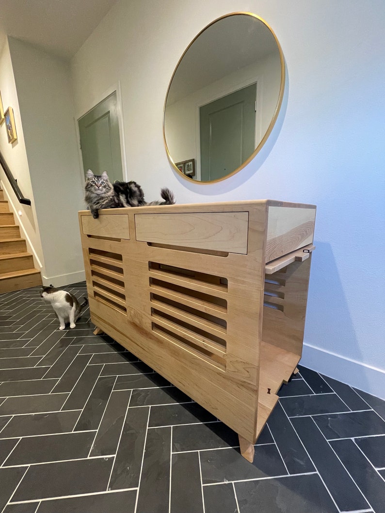 Mid-Century Modern Dog Crate with flip up door and drawers for storage, Handmade in USA Dog House Credenza, kennel, fable crate image 2