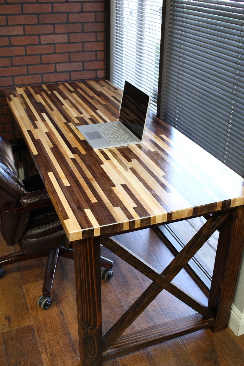 Farmhouse Desk / X legs and Cabinet / Solid Wood Butcher Block Top All wood / industrial / rustic office furniture / unique desk image 5