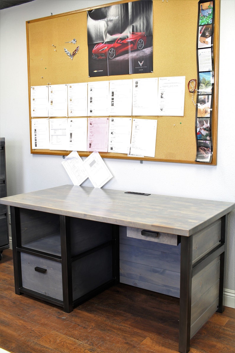 Modern Desk with Shelf in solid wood and large file drawer, Wood & Metal Desk, Executive Desk, Industrial Rustic Office, Home Office Desk image 2