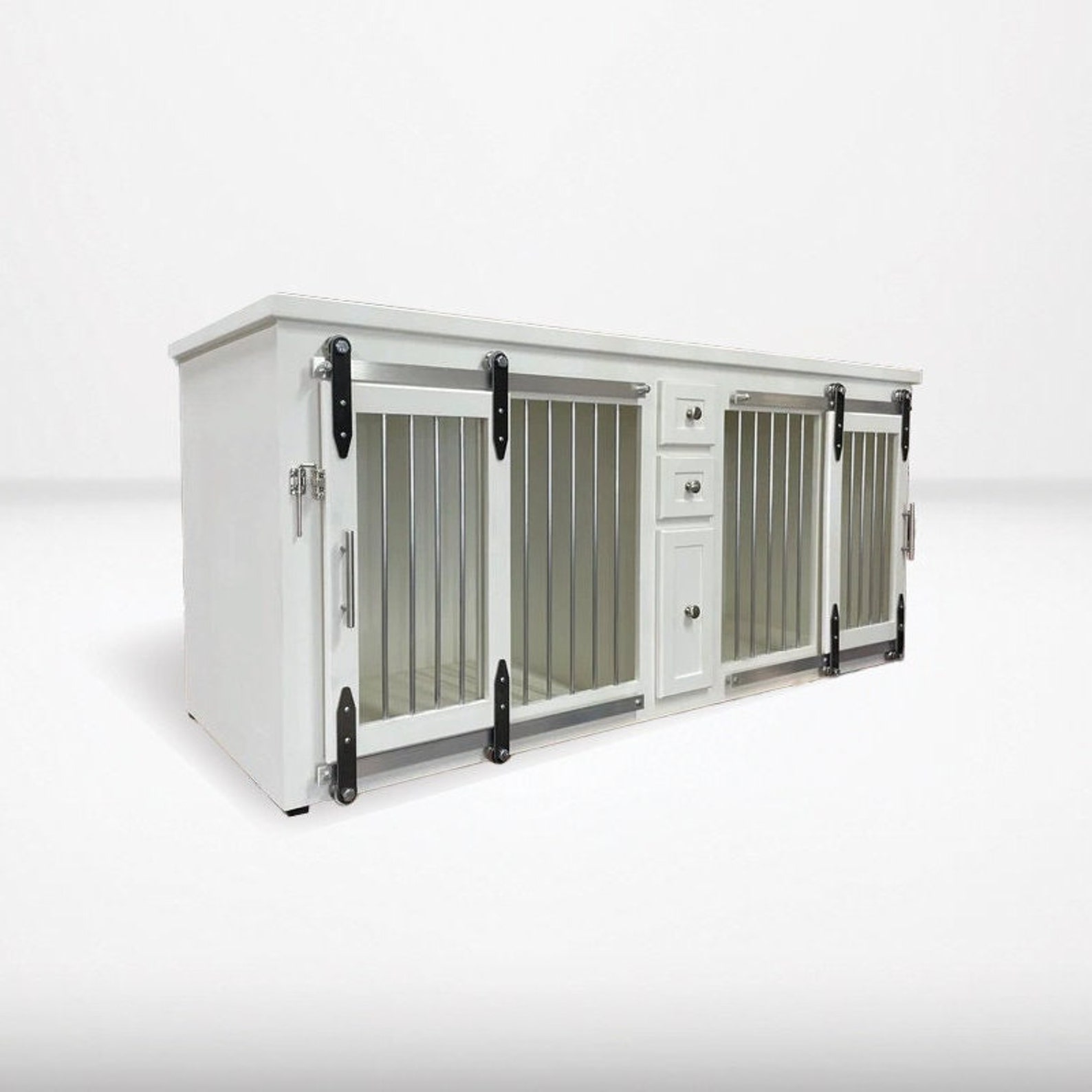 View of Double Dog Crate Cabinet With Drawers and Storage Custom Dog - Etsy