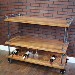 Bar Cart with Pipe & Wood, Liquor Cart, Whiskey bar, Wine Trolley, Industrial Serving Cart, Home Bar on Wheels, Rolling Bar, Liquor Cabinet image 9