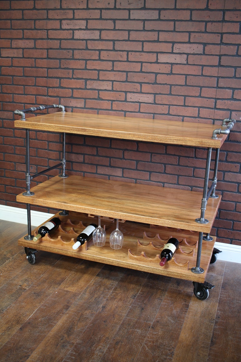 Bar Cart with Pipe & Wood, Liquor Cart, Whiskey bar, Wine Trolley, Industrial Serving Cart, Home Bar on Wheels, Rolling Bar, Liquor Cabinet image 9