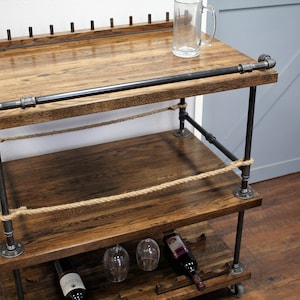 Bar Cart with Pipe & Wood, Liquor Cart, Whiskey bar, Wine Trolley, Industrial Serving Cart, Home Bar on Wheels, Rolling Bar, Liquor Cabinet image 6