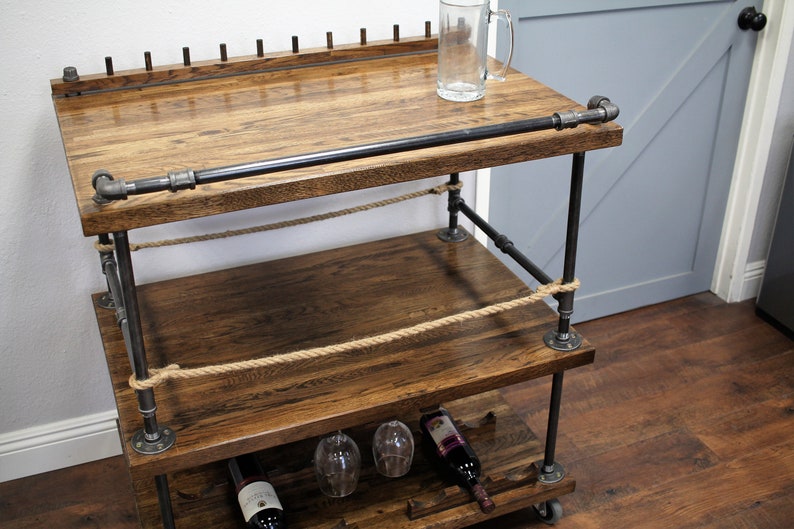 Bar Cart with Pipe & Wood, Liquor Cart, Whiskey bar, Wine Trolley, Industrial Serving Cart, Home Bar on Wheels, Rolling Bar, Liquor Cabinet image 6