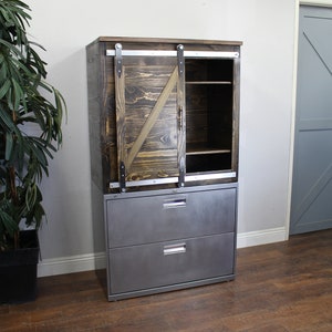 Large Credenza 2-drawer Lateral cabinet with sliding door wood cabinet above / office furniture / rustic industrial / storage unit