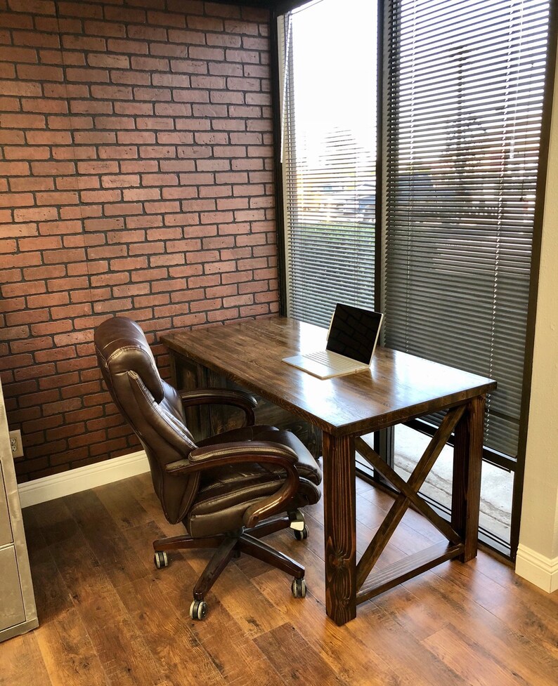 Farmhouse Desk / X legs and Cabinet / Solid Wood Butcher Block Top All wood / industrial / rustic office furniture / unique desk image 1