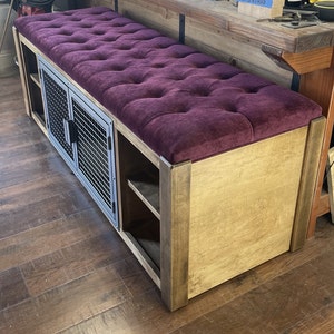 Modern Farmhouse Dog Crate Ottoman Cabinet Bench in solid wood with Soft Cushion Top hand stitched and handmade in USA Bild 3