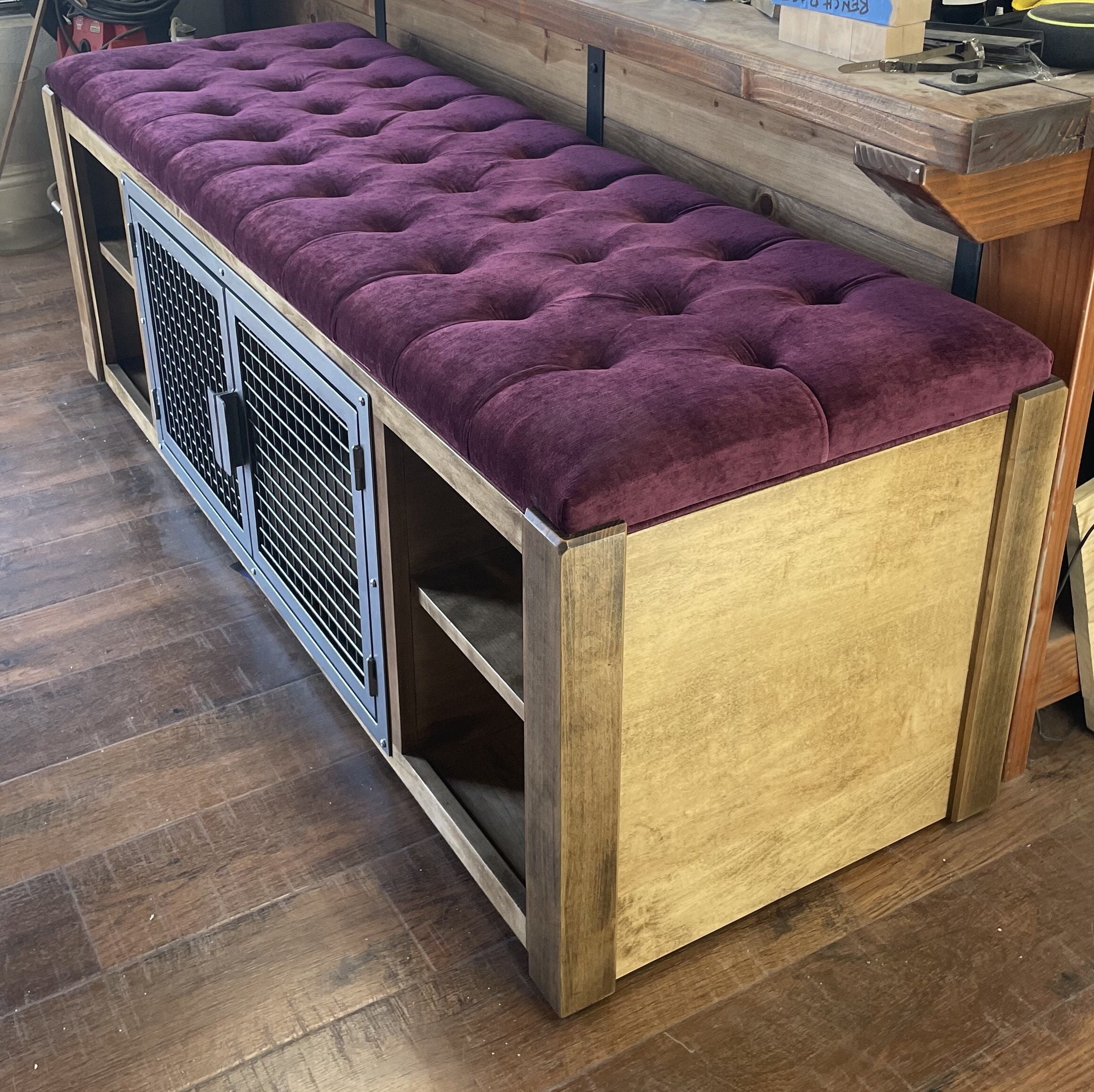 View of Modern Farmhouse Dog Crate Ottoman Cabinet Bench in Solid Wood With ...