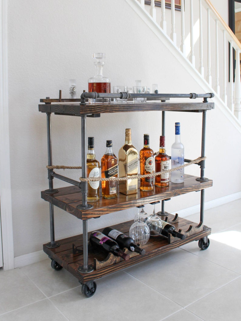 Bar Cart with Pipe & Wood, Liquor Cart, Whiskey bar, Wine Trolley, Industrial Serving Cart, Home Bar on Wheels, Rolling Bar, Liquor Cabinet image 5