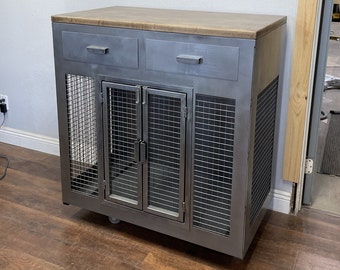 Metal Dog Crate with Drawers - Sliding barn doors / steel with storage / Dog House / rustic furniture / farmhouse pet / dog kennel / Rustic