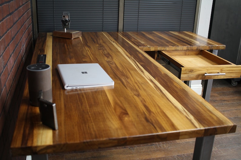 L-Desk, L shaped Desk, Solid Wood Top Rustic Modern Desk, Corner Desk, Industrial Desk, Executive Desk, Home Office, Wood and Steel Desk image 6