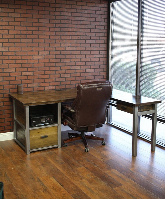Rustic L Shaped Desk W Cabinet And Shelf Wood Butcher Top Steel Legs Handmade Industrial Office Furniture
