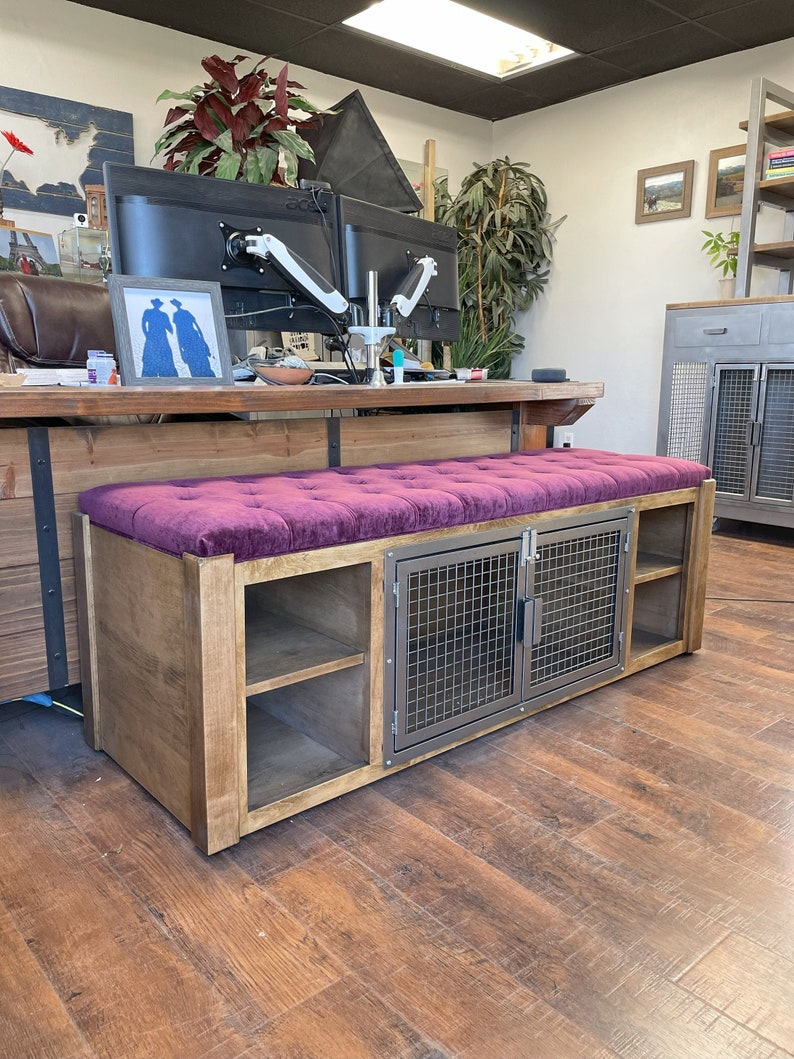 Modern Farmhouse Dog Crate Ottoman Cabinet Bench in solid wood with Soft Cushion Top hand stitched and handmade in USA Bild 1