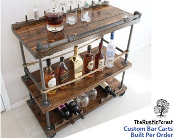 Bar Cart CUSTOM Industrial Pipe & Wood / Unique / whiskey bar / wine cart / tequila / kitchen island / rolling bar / rustic furniture