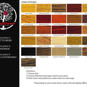 May include: A chart showing 20 different wood stain colors with their corresponding names and numbers. The chart is titled "Stain Options".