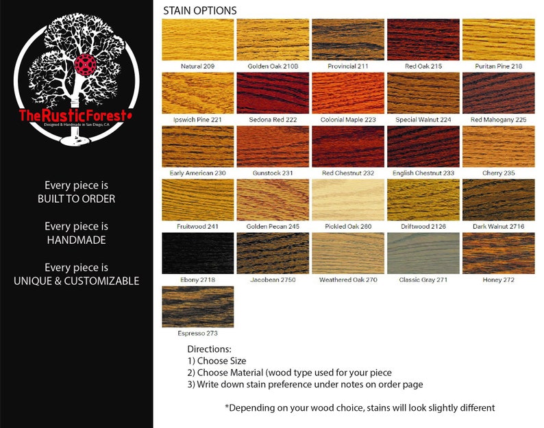 May include: A chart showing 20 different wood stain colors with their corresponding names and numbers. The chart is titled "Stain Options".