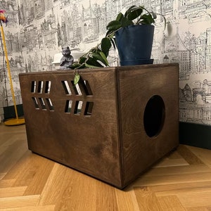 Litter Box Enclosure for cats no tracking with flip up easy access door, Litter Cabinet handmade in USA, solid wood, Litter nightstand Tray
