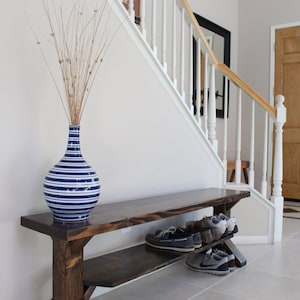 Farmhouse Shoe Bench in solid wood with 2 places for shoes and handmade in USA, entry mud room bench image 3