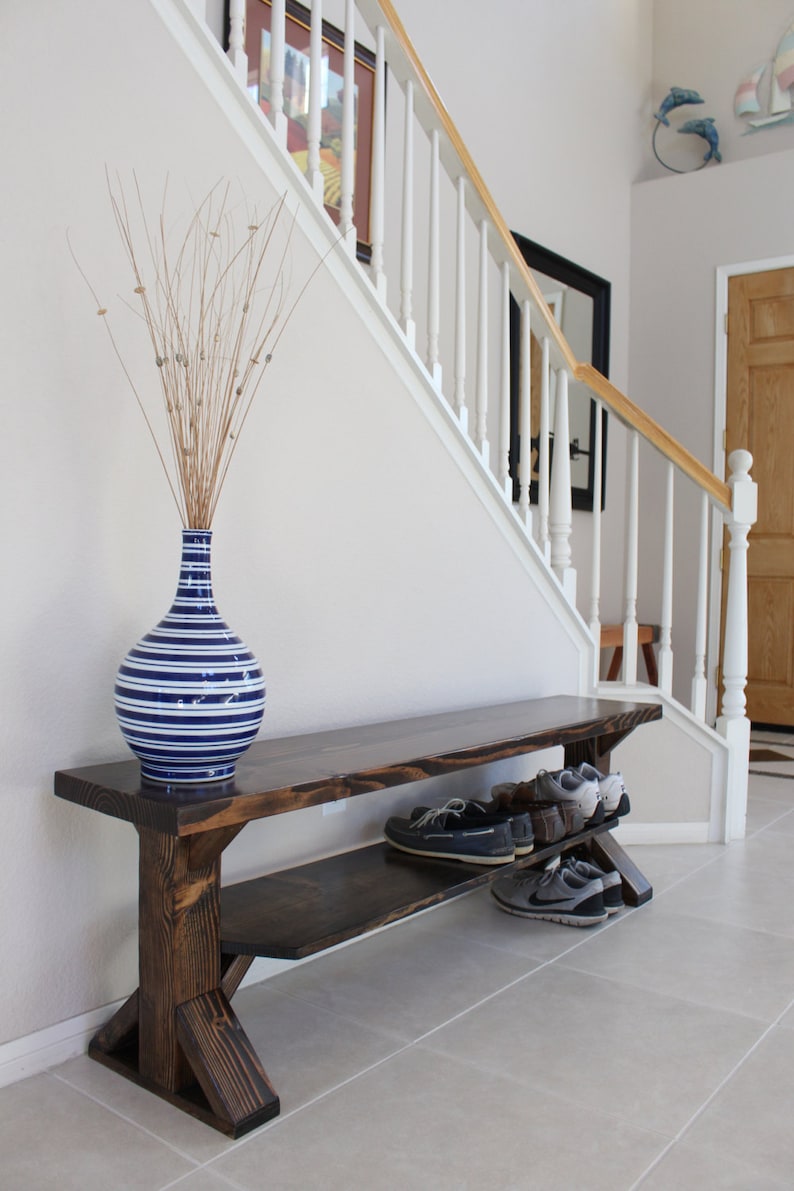 Farmhouse Shoe Bench in solid wood with 2 places for shoes and handmade in USA, entry mud room bench image 3