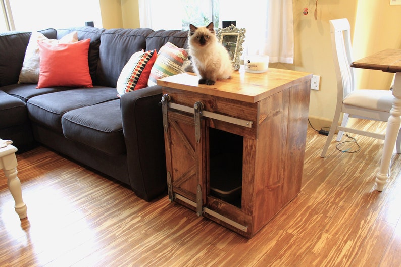 Cat Litter Box Enclosure with sliding barn door in modern farmhouse rustic style in solid wood and handmade in USA image 1