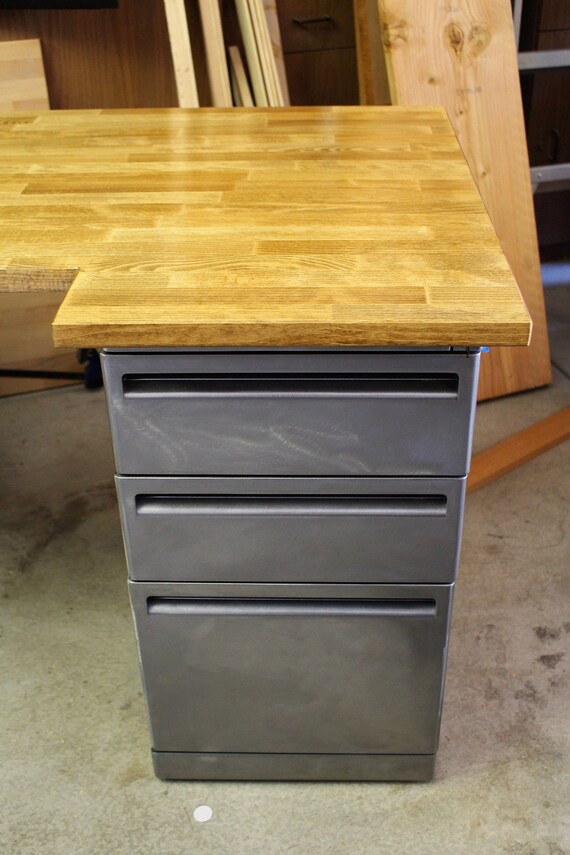 Modern Desk Refinished 2 Drawer Metal Filing Cabinet Solid Wood Top Steel Legs Urban Furniture Rustic Office