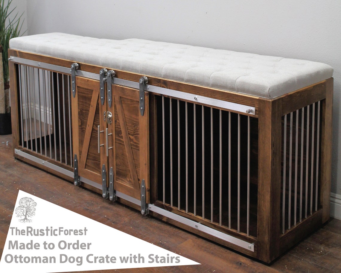 Dog Crate Ottoman With Stairs / Soft Cushion Top / Fully - Etsy - Rattan Dog Crate And Ottoman
